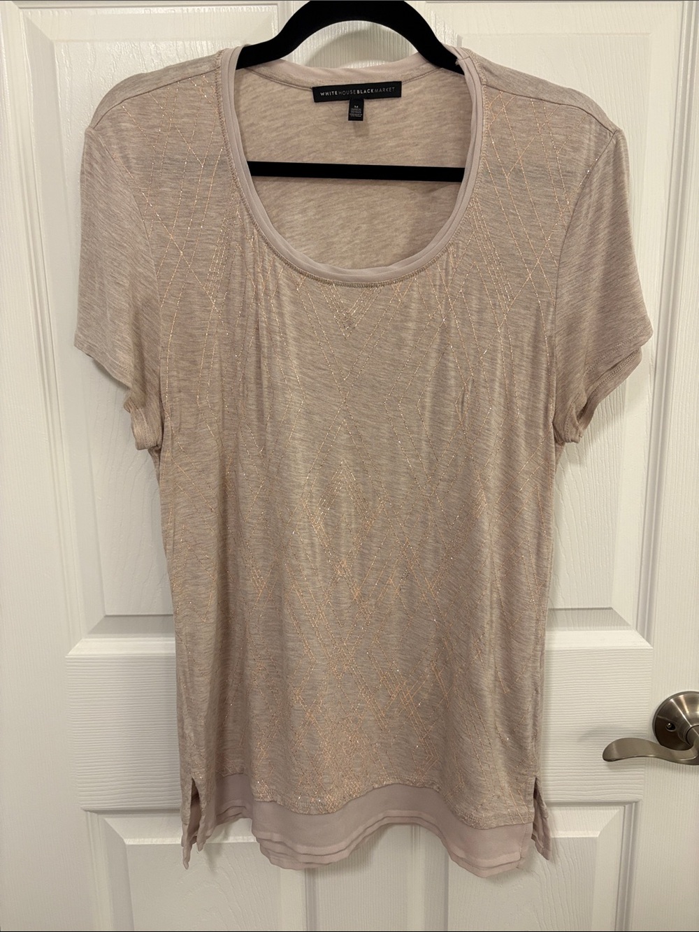 White House Black Market Women's Blush Metallic Scoop Neck Short Sleeve Tee